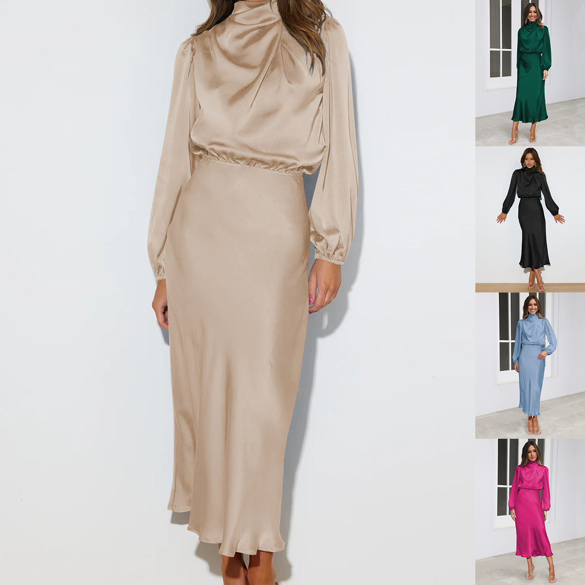 Satin halterneck evening gown long sleeve formal dress multiple colours
