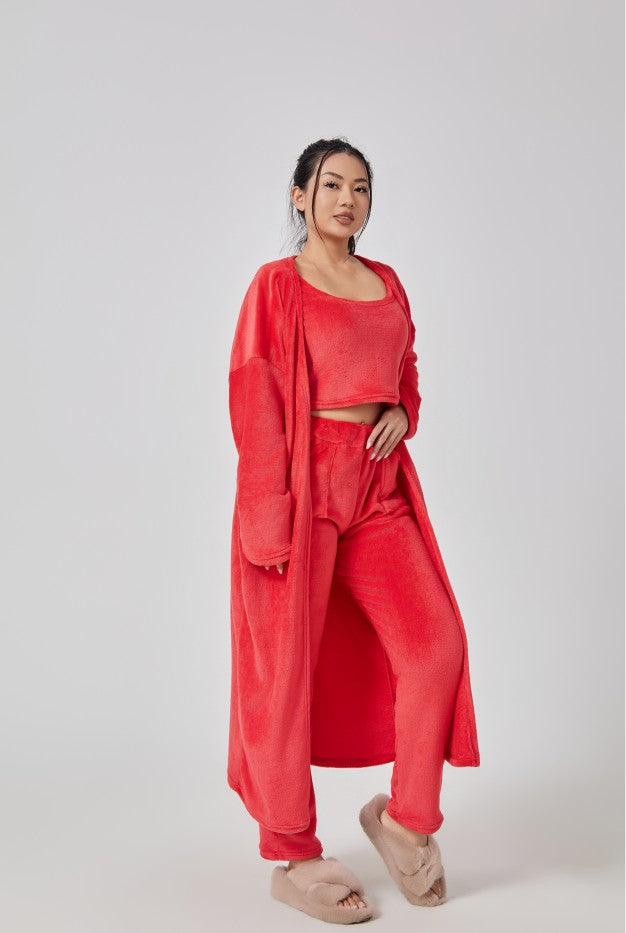 Cozy 3-Piece Lounge Set — Fluffy Crop Top, Wide-Leg Pants & Cardigan
