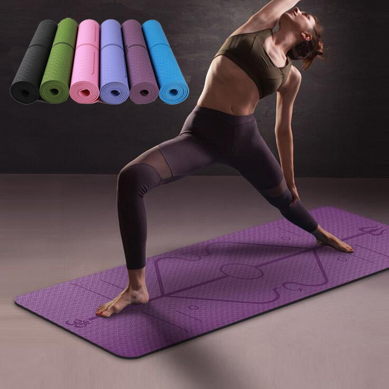 Non-slip TPE yoga mat alignment lines 6mm cushion all skill levels