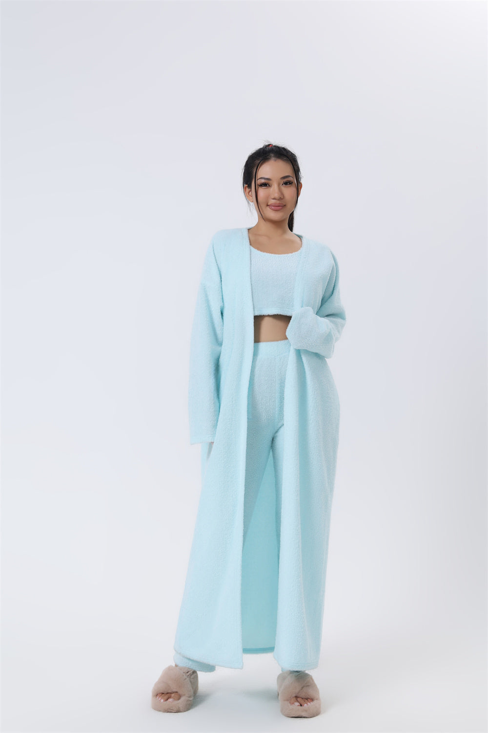 Cozy 3-Piece Lounge Set — Fluffy Crop Top, Wide-Leg Pants & Cardigan