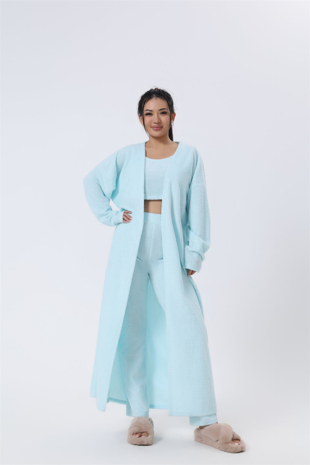 Cozy 3-Piece Lounge Set — Fluffy Crop Top, Wide-Leg Pants & Cardigan