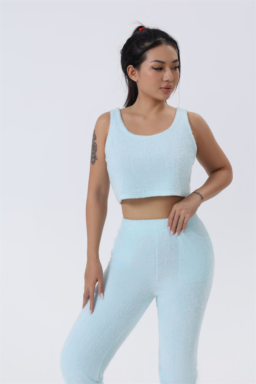 Cozy 3-Piece Lounge Set — Fluffy Crop Top, Wide-Leg Pants & Cardigan