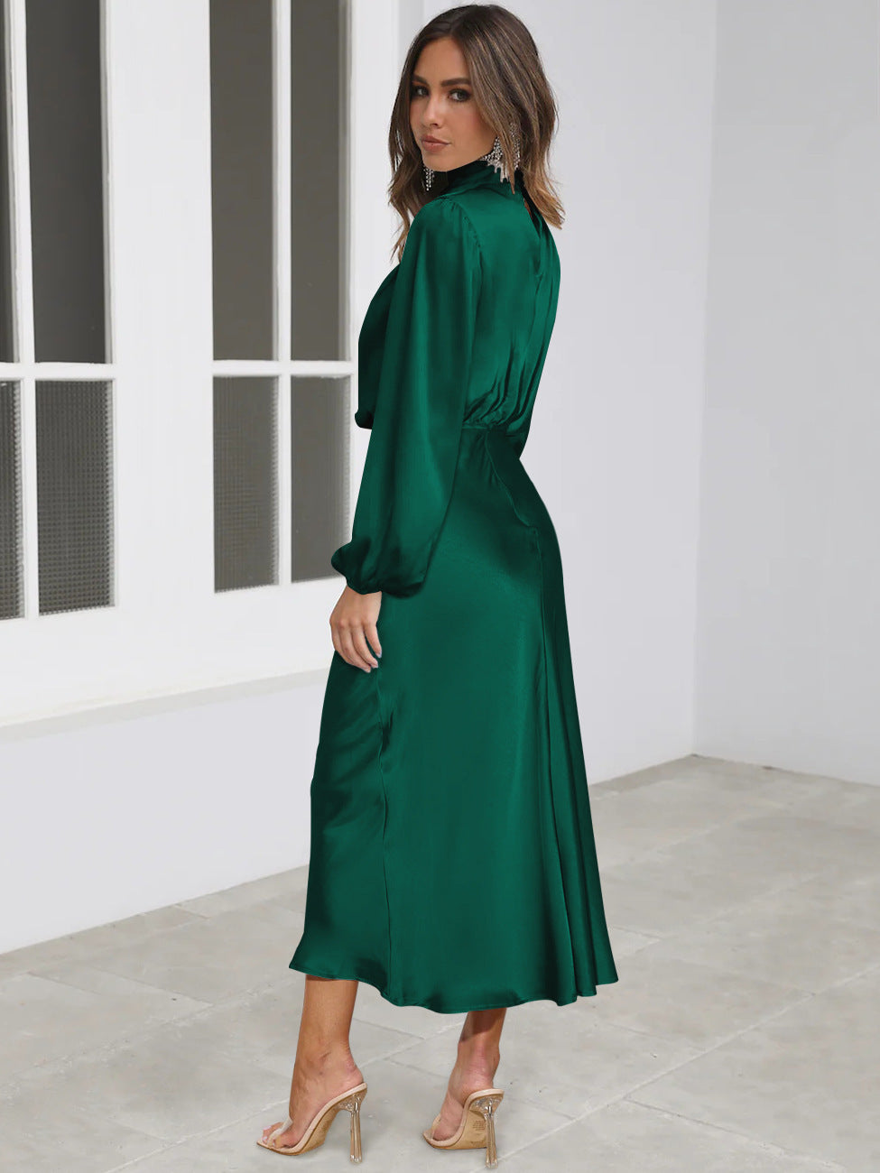 Satin Halterneck Evening Gown — Long Sleeve Formal Dress