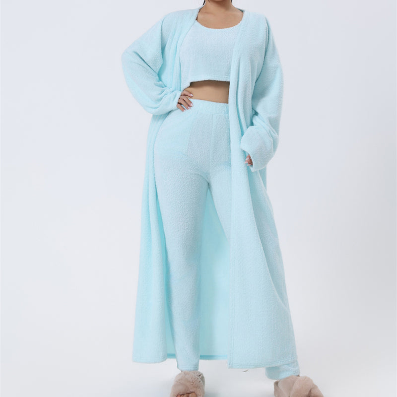 Cozy 3-piece lounge set with fluffy crop top wide-leg pants and cardigan