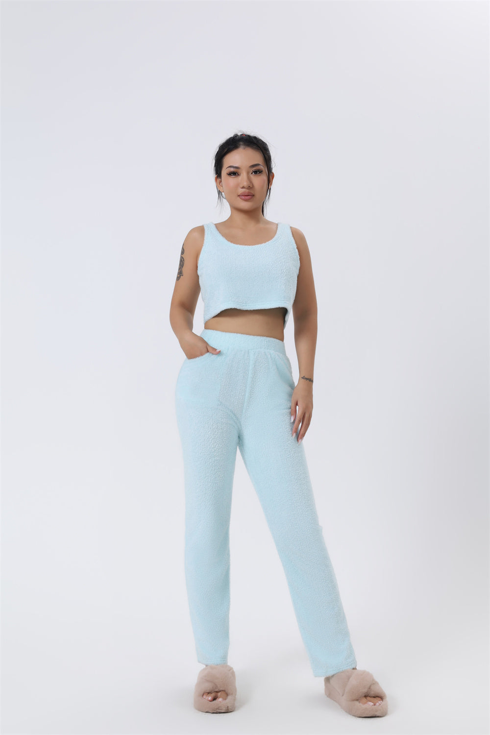 Cozy 3-Piece Lounge Set — Fluffy Crop Top, Wide-Leg Pants & Cardigan