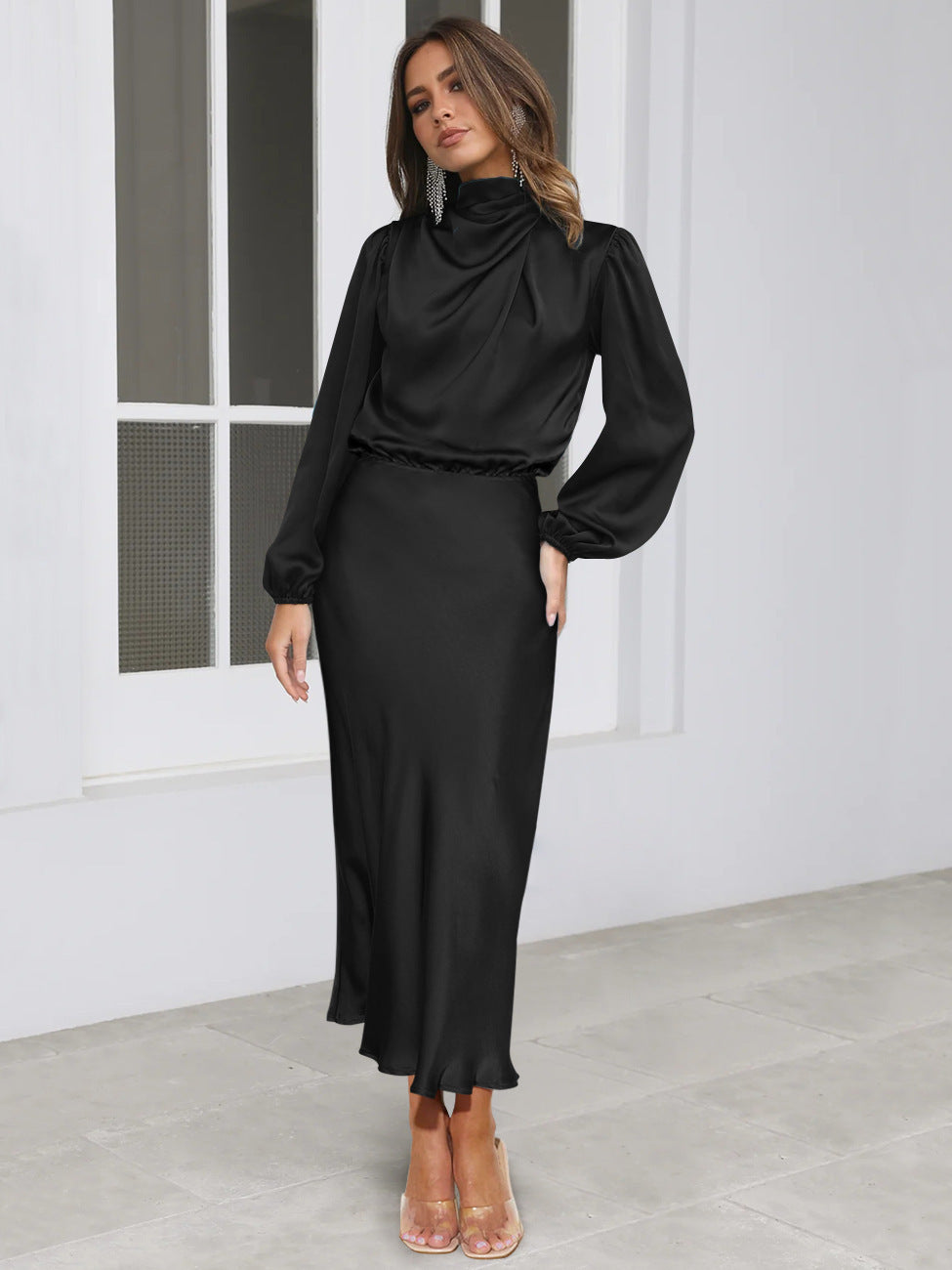 Satin Halterneck Evening Gown — Long Sleeve Formal Dress