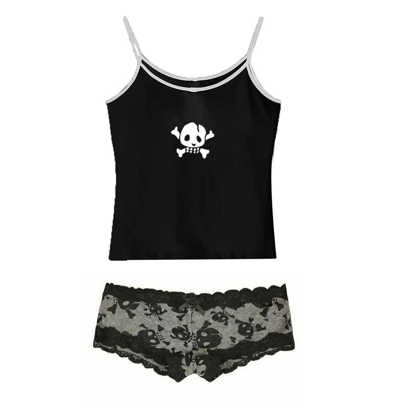Y2K Skull Lace Crop Tank Top — Harajuku Goth Graphic Sleeveless Top