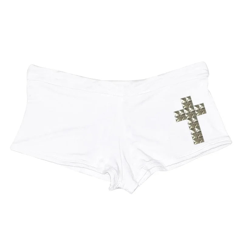 Y2K Gothic Graphic Crop Shorts — Harajuku Streetwear Print Hot Pants