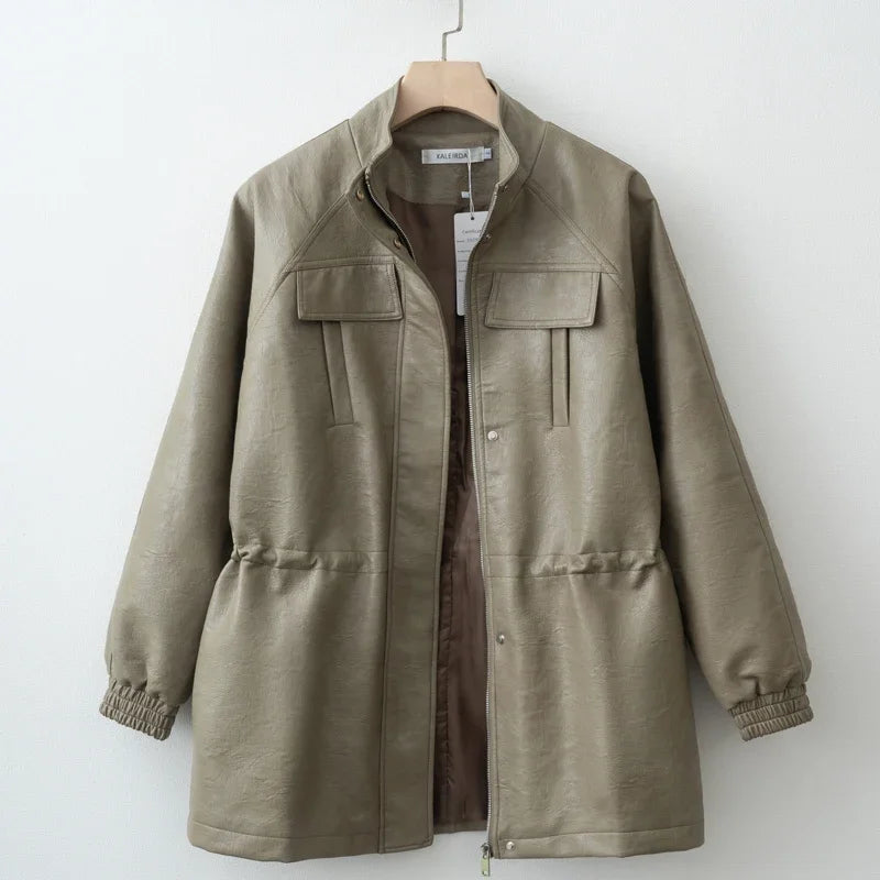 PU Leather Jacket with Adjustable Waist — Women's Zip-Up Fall Coat