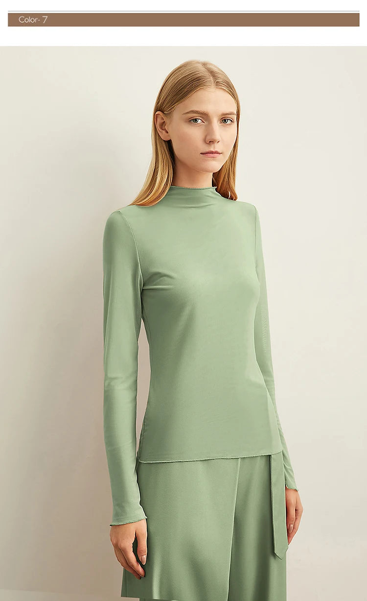 Semi-Turtleneck Slim Mesh Long Sleeve Top — Women's Casual Bottoming Shirt