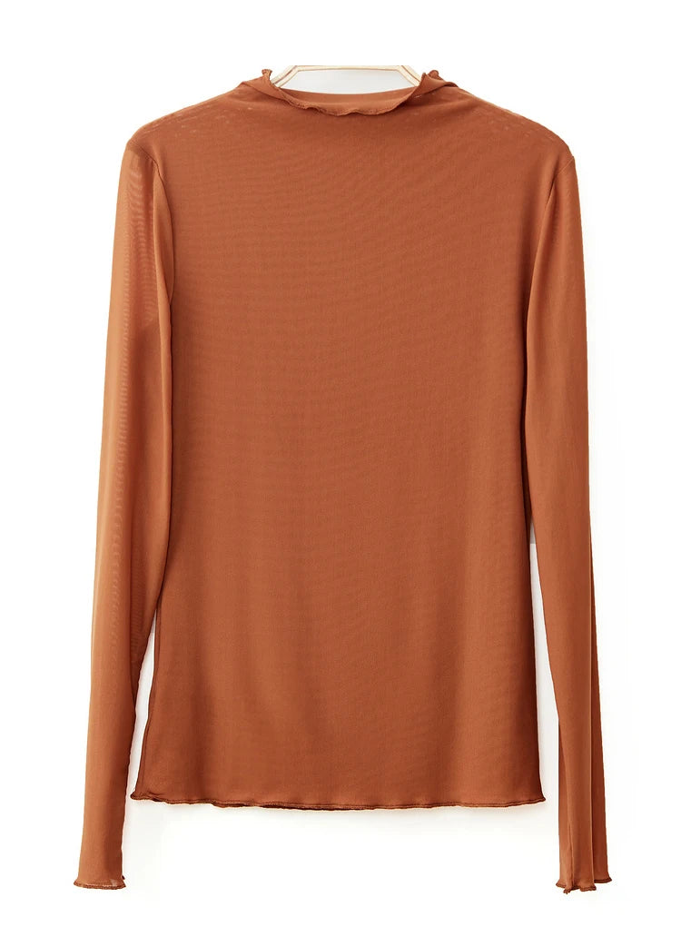 Semi-Turtleneck Slim Mesh Long Sleeve Top — Women's Casual Bottoming Shirt