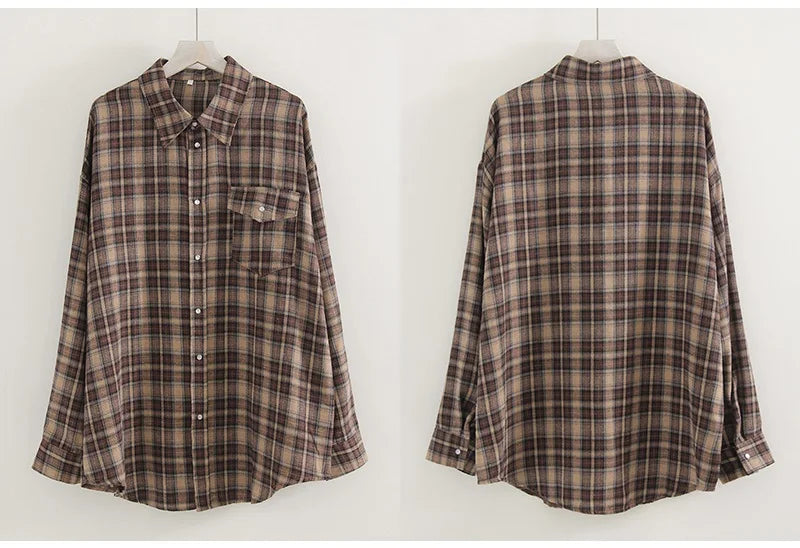 Oversized Vintage Plaid Shirt — Women's Loose Long Sleeve Flannel Top