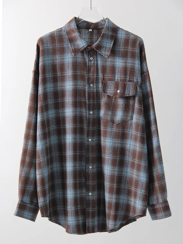 Oversized Vintage Plaid Shirt — Women's Loose Long Sleeve Flannel Top