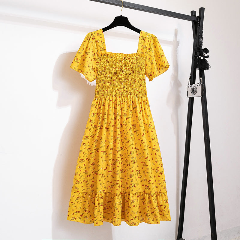 Printed Floral Chiffon Midi Dress — Short Sleeve Elastic Waist Summer Dress