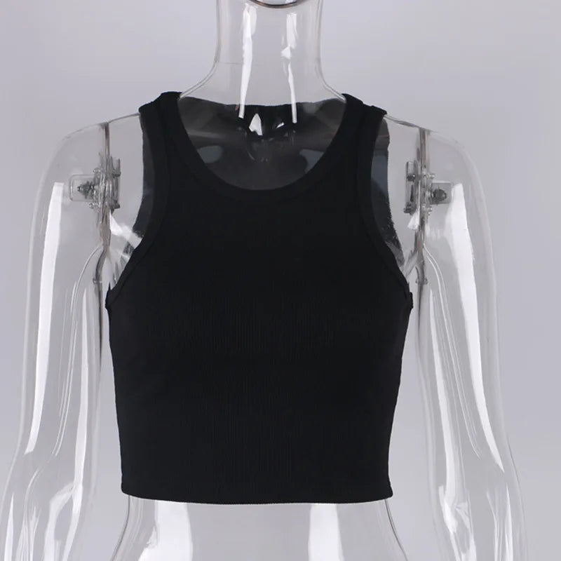 Ribbed Knit Crop Tank Top — Y2K Off-Shoulder Sleeveless Vest