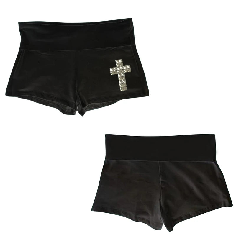 Y2K Gothic Graphic Crop Shorts — Harajuku Streetwear Print Hot Pants