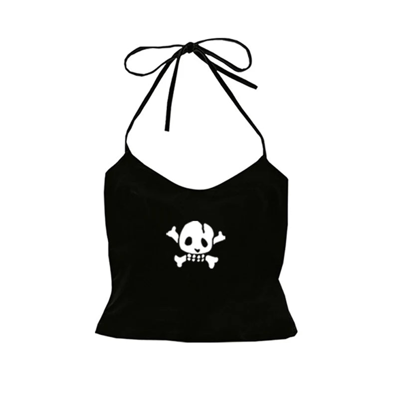 Y2K Skull Lace Crop Tank Top — Harajuku Goth Graphic Sleeveless Top