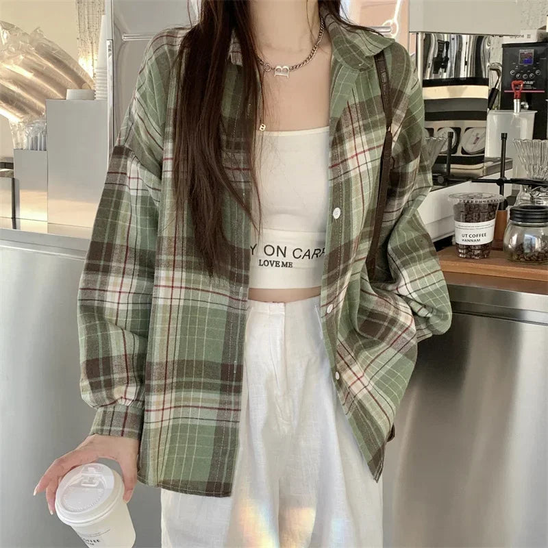 Women's Tartan Plaid Flannel Shirt Jacket — Long Sleeve Button-Up Top