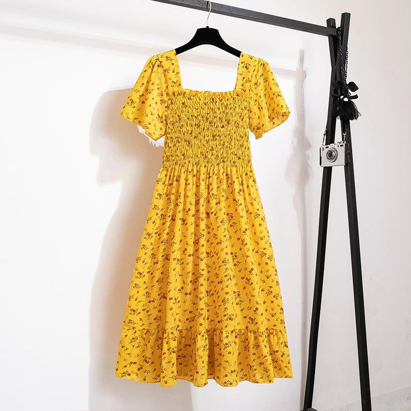 Printed Floral Chiffon Midi Dress — Short Sleeve Elastic Waist Summer Dress