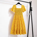 Printed Floral Chiffon Midi Dress — Short Sleeve Elastic Waist Summer Dress