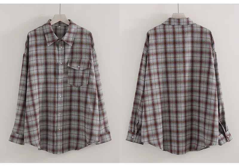 Oversized Vintage Plaid Shirt — Women's Loose Long Sleeve Flannel Top