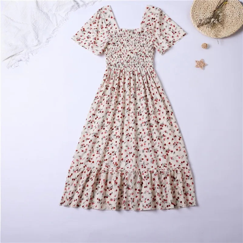 Printed Floral Chiffon Midi Dress — Short Sleeve Elastic Waist Summer Dress