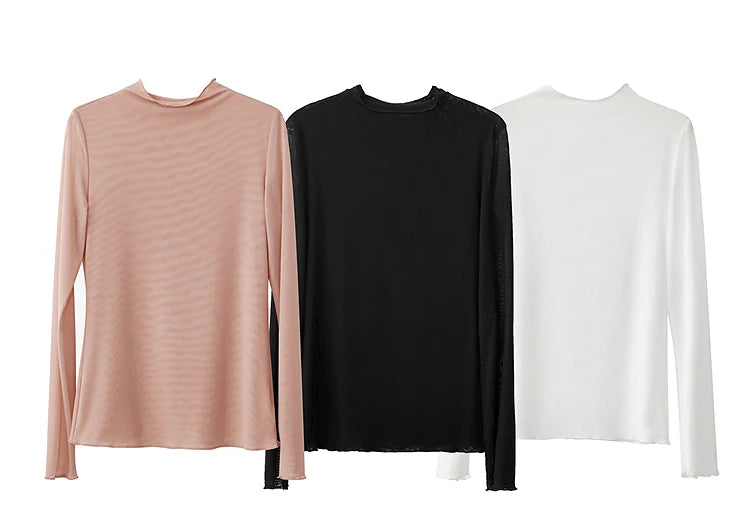 Semi-Turtleneck Slim Mesh Long Sleeve Top — Women's Casual Bottoming Shirt