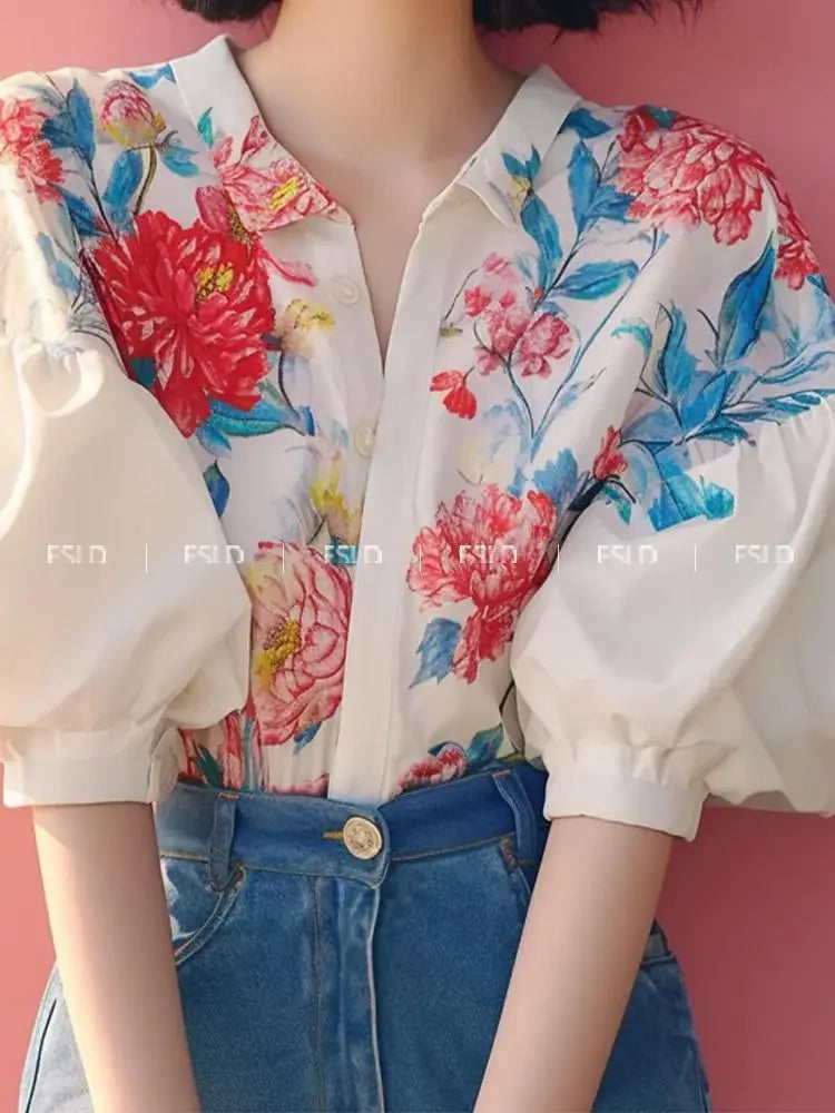 French Floral Puff Sleeve Cardigan — Retro Women's Summer Button-Up Top
