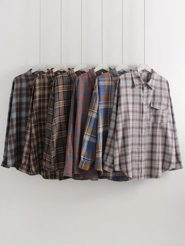 Oversized Vintage Plaid Shirt — Women's Loose Long Sleeve Flannel Top