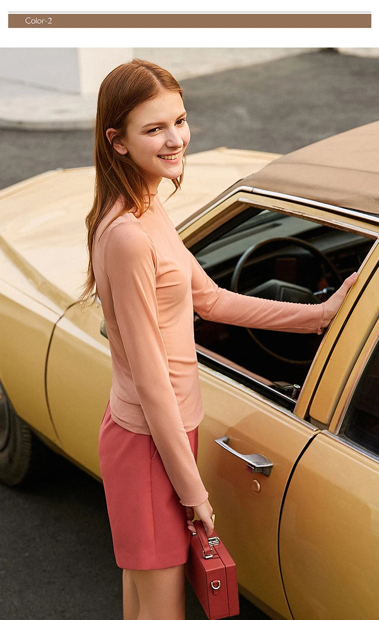 Semi-Turtleneck Slim Mesh Long Sleeve Top — Women's Casual Bottoming Shirt