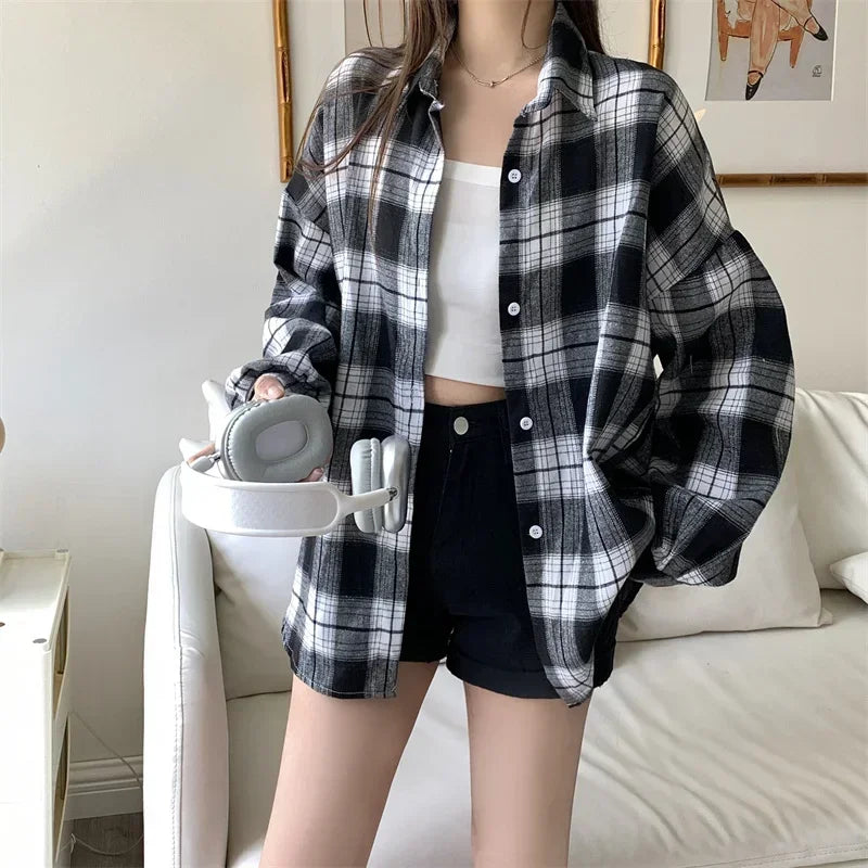 Women's Tartan Plaid Flannel Shirt Jacket — Long Sleeve Button-Up Top