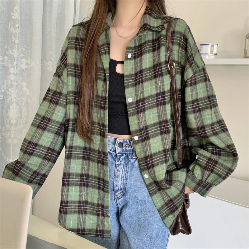Women's Tartan Plaid Flannel Shirt Jacket — Long Sleeve Button-Up Top