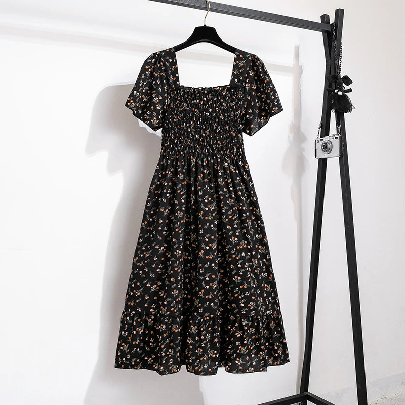 Printed Floral Chiffon Midi Dress — Short Sleeve Elastic Waist Summer Dress