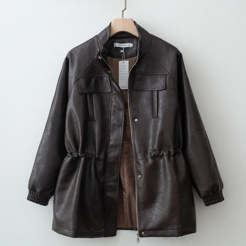 PU Leather Jacket with Adjustable Waist — Women's Zip-Up Fall Coat