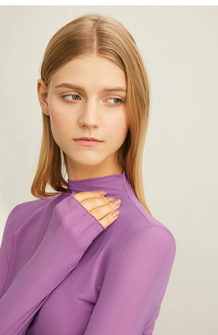 Semi-Turtleneck Slim Mesh Long Sleeve Top — Women's Casual Bottoming Shirt