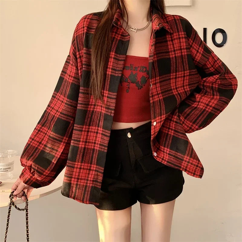 Women's Tartan Plaid Flannel Shirt Jacket — Long Sleeve Button-Up Top