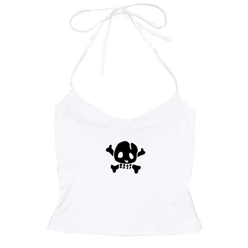 Y2K Skull Lace Crop Tank Top — Harajuku Goth Graphic Sleeveless Top