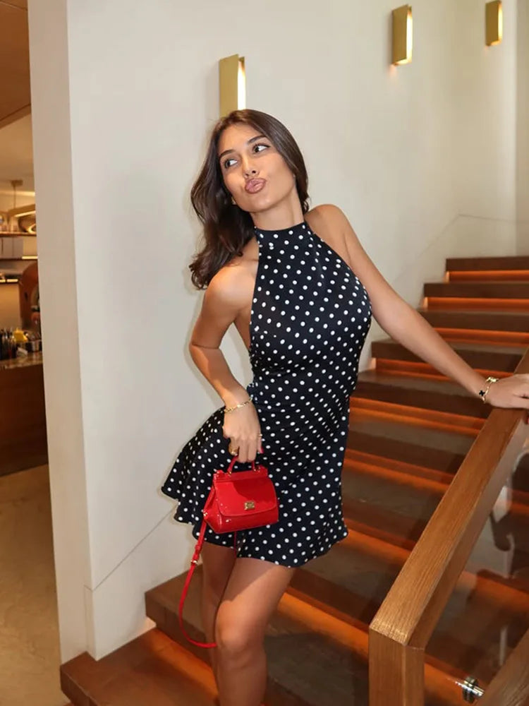 Polka Dot Halter Backless Mini Dress — Sleeveless Bodycon Party Dress