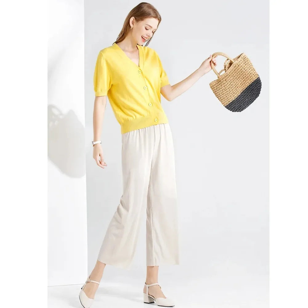 Ice Silk Wide Leg Pants — Elastic Waist Loose Summer Trousers