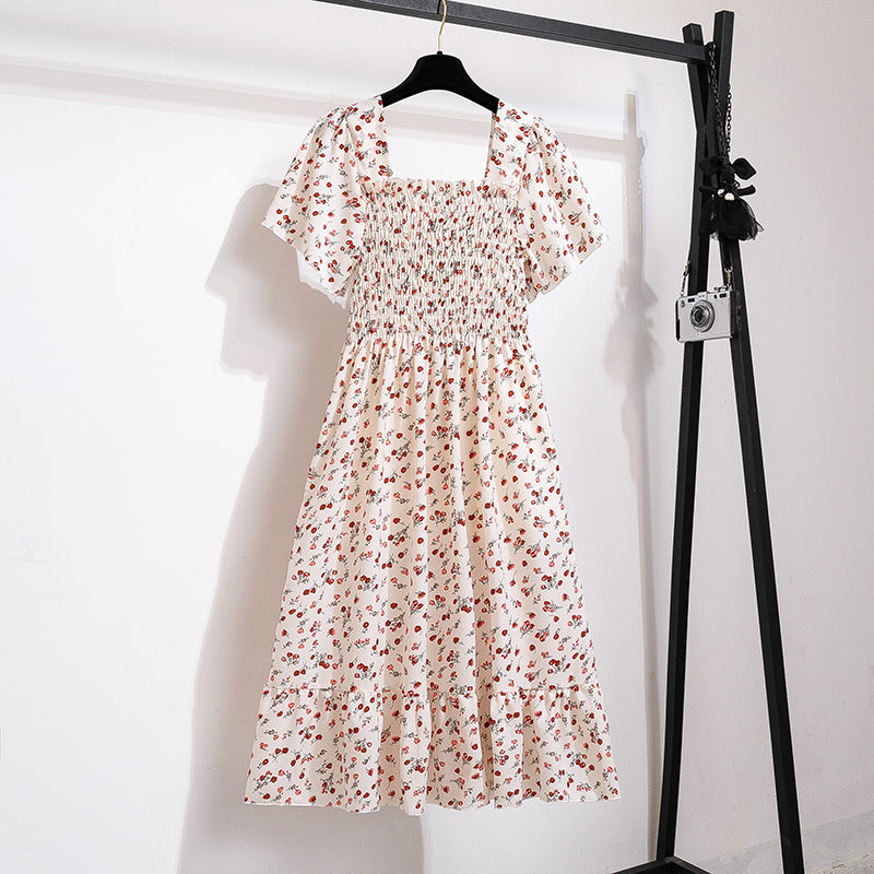 Printed Floral Chiffon Midi Dress — Short Sleeve Elastic Waist Summer Dress