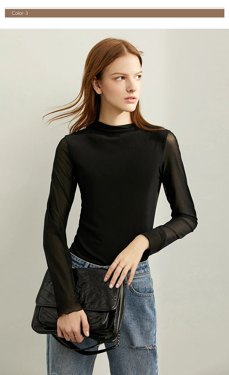 Semi-Turtleneck Slim Mesh Long Sleeve Top — Women's Casual Bottoming Shirt