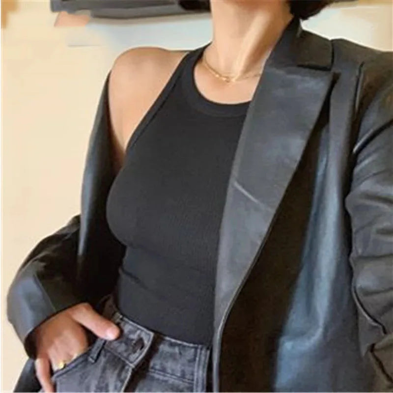 Ribbed Knit Crop Tank Top — Y2K Off-Shoulder Sleeveless Vest