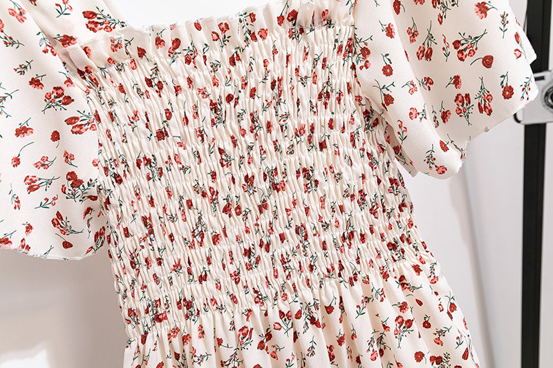 Printed Floral Chiffon Midi Dress — Short Sleeve Elastic Waist Summer Dress