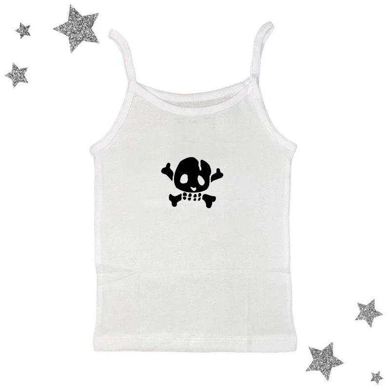 Y2K Skull Lace Crop Tank Top — Harajuku Goth Graphic Sleeveless Top