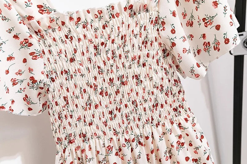 Printed Floral Chiffon Midi Dress — Short Sleeve Elastic Waist Summer Dress