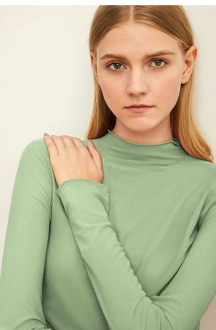 Semi-Turtleneck Slim Mesh Long Sleeve Top — Women's Casual Bottoming Shirt