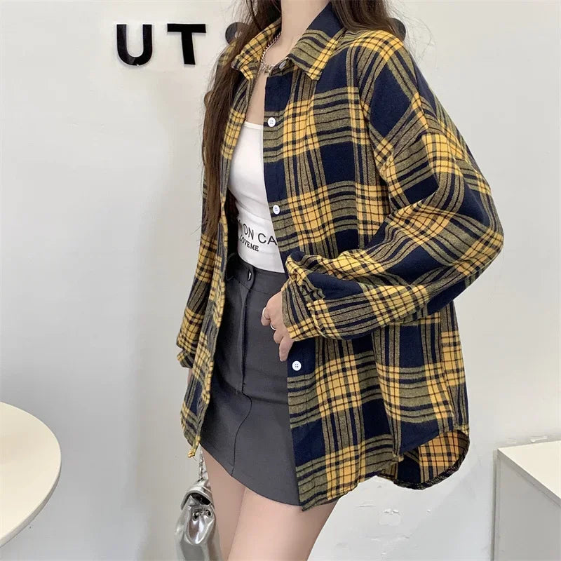 Women's Tartan Plaid Flannel Shirt Jacket — Long Sleeve Button-Up Top