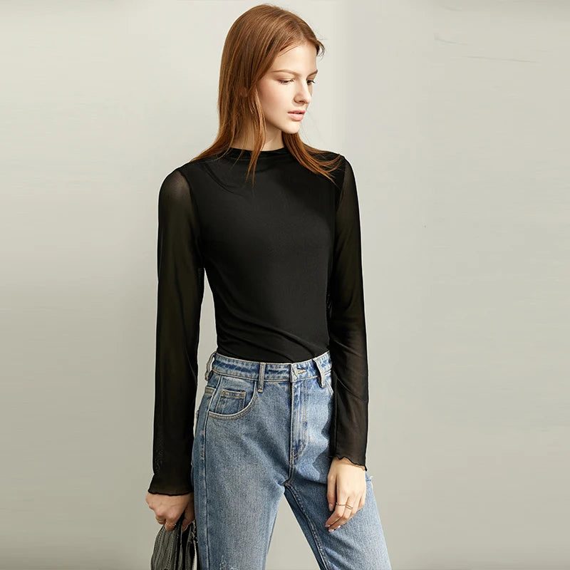 Semi-Turtleneck Slim Mesh Long Sleeve Top — Women's Casual Bottoming Shirt