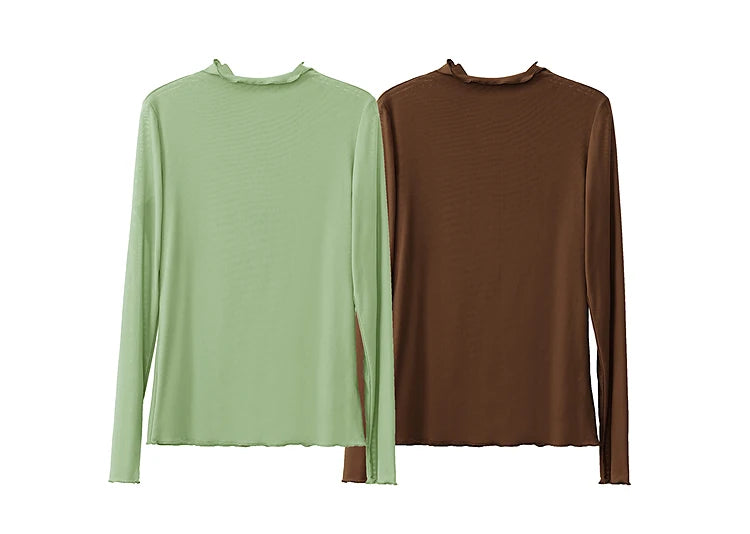 Semi-Turtleneck Slim Mesh Long Sleeve Top — Women's Casual Bottoming Shirt