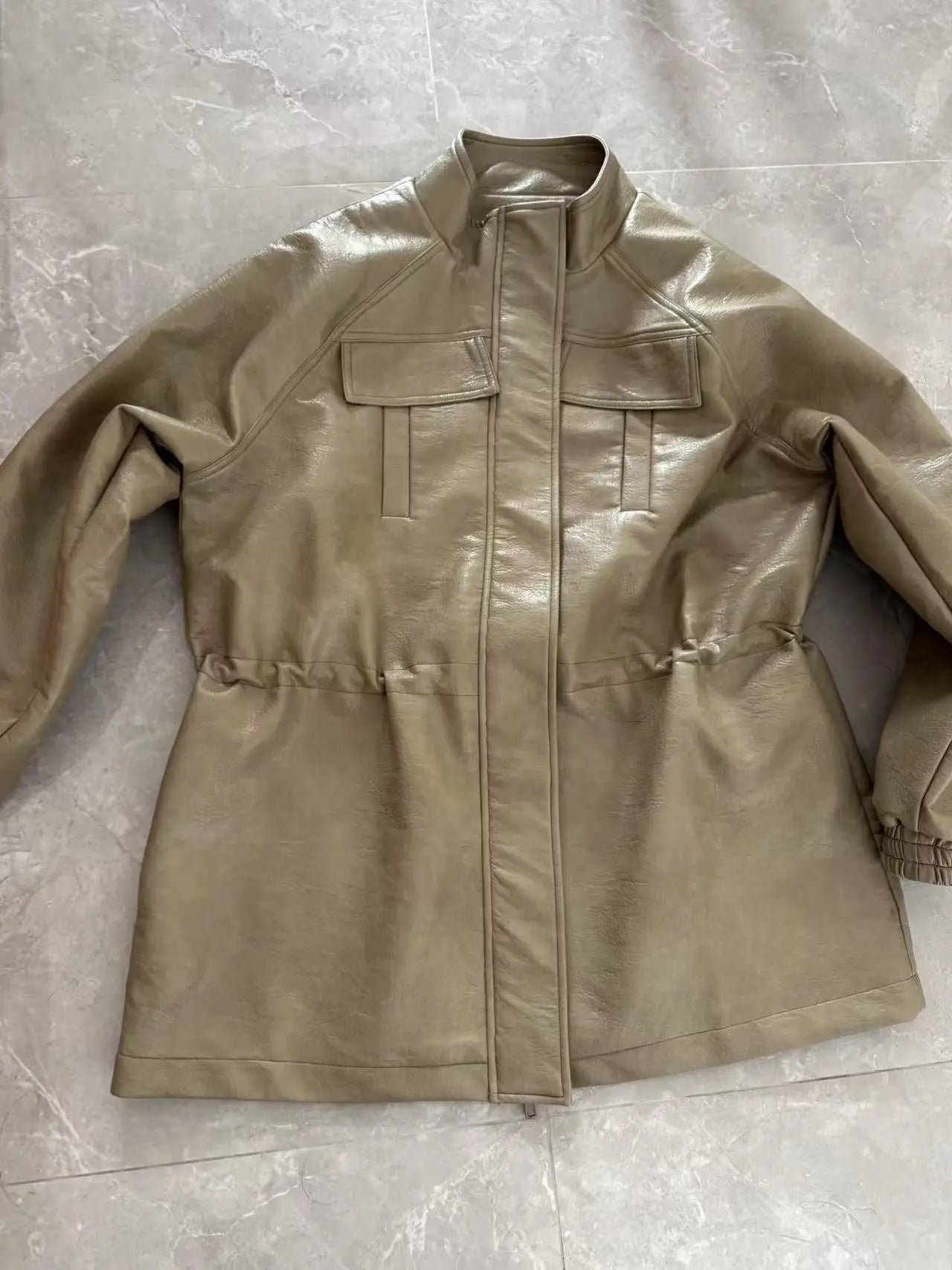 PU Leather Jacket with Adjustable Waist — Women's Zip-Up Fall Coat